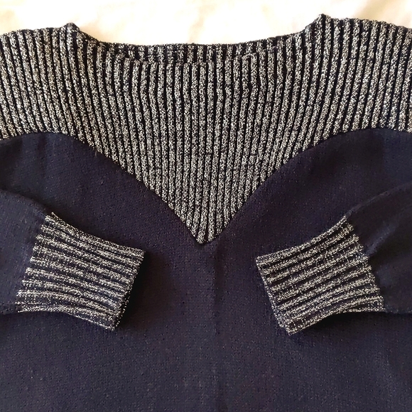 Woman's sweater top and skirt set with sparkling shoulders and trim. - Picture 3 of 5